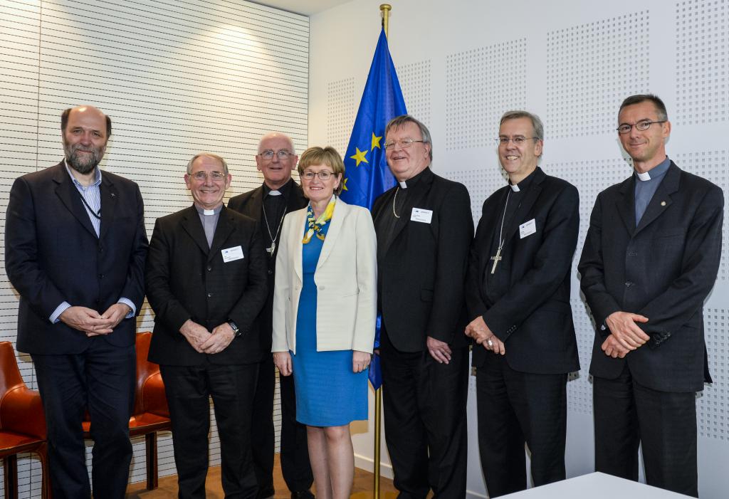 The bishops are pictured with Mairead McGuinness MEP and first Vice President of the European Parliament
