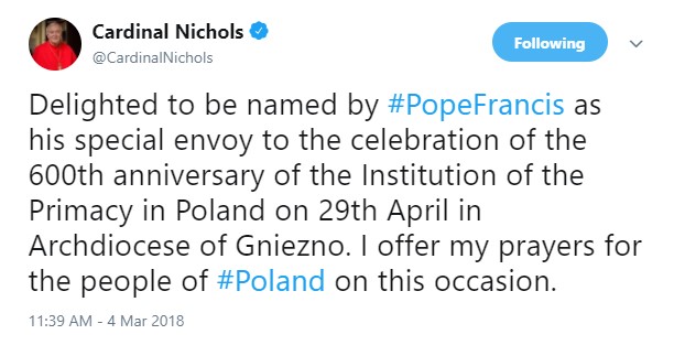 Cardinal Vincent Nichols shares a celebratory tweet on twitter