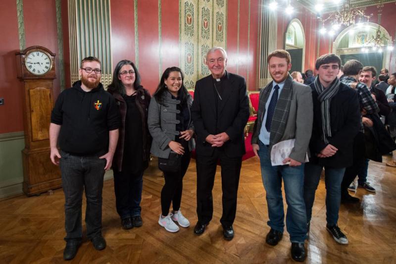 Cardinal Vincent with students from St Mary's University at the post-synod event in October