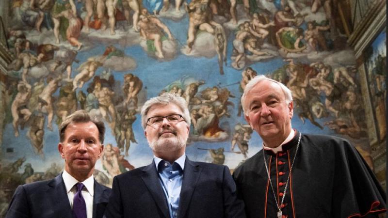 John Studzinski CBE, Sir James McMillan and Cardinal Vincent Nichols at the premiere of the Sr James' Stabat Mater in the Sistine Chapel (Photo: Adrian Myers/Genesis Foundation)