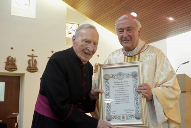 Mgr Fred with Cardinal Vincent receiving a Papal Blessing on his 65th anniversary of priesthood in 2015