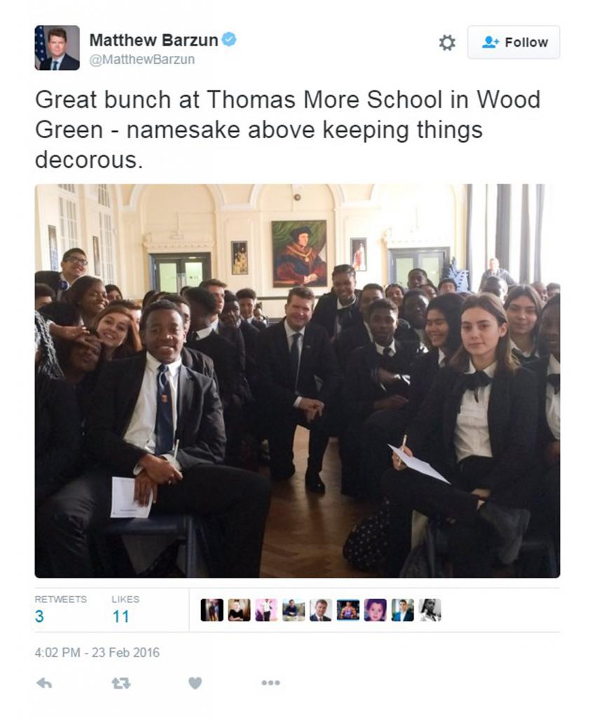 St Thomas More Students Meet US Ambassador  - Diocese of Westminster