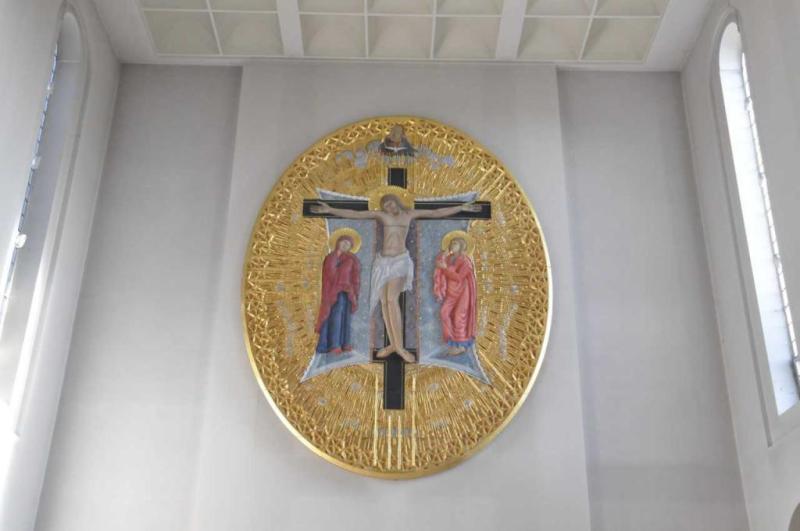 An icon of the crucifixion, installed by Fr Seamus at St Hugh's, Letchworth Garden.