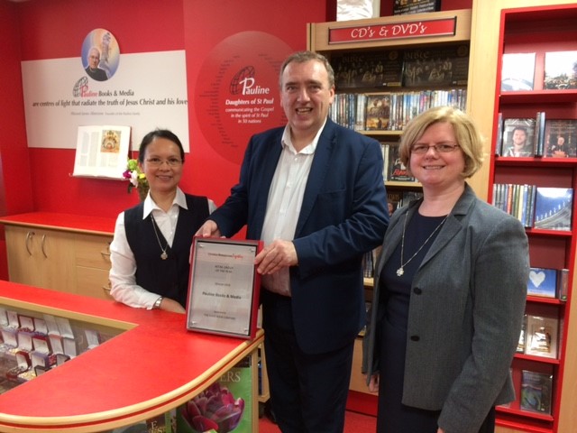 Sr Lalaine Lilio, Manager of Pauline Books & Media, Kensington, with Sales Director of SPCK Alan Mordue and Sr Angela Grant, Superior of the Daughters of St Paul in the UK