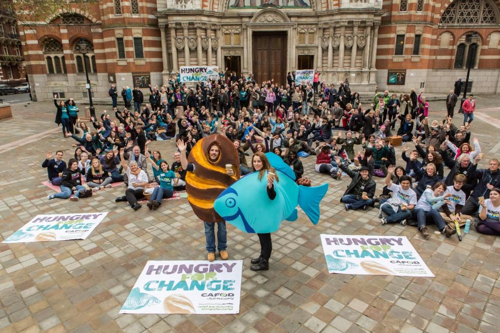 CAFOD Hungry for Change Campaigners in front of Westminster Cathedral Photo credit: Nikola Ivanovski/ CAFOD