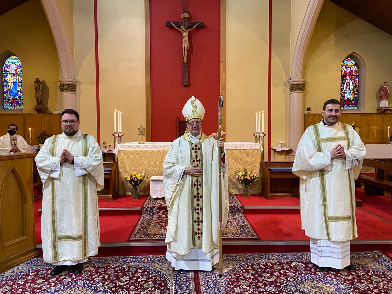 (from left to right) Deacon Jakub Joszko, Bishop John Sherrington, Deacon Marco Salvagnini